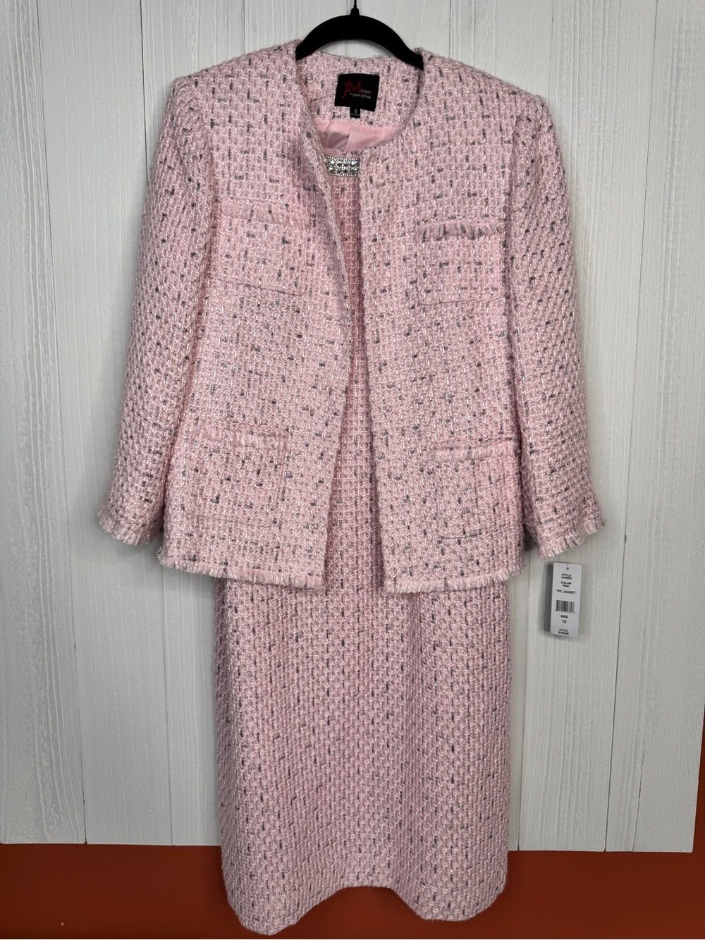 JM Studio Pink Boucle Tweed Two Piece Set Jacket & Sleeveless Dress Classic Chic